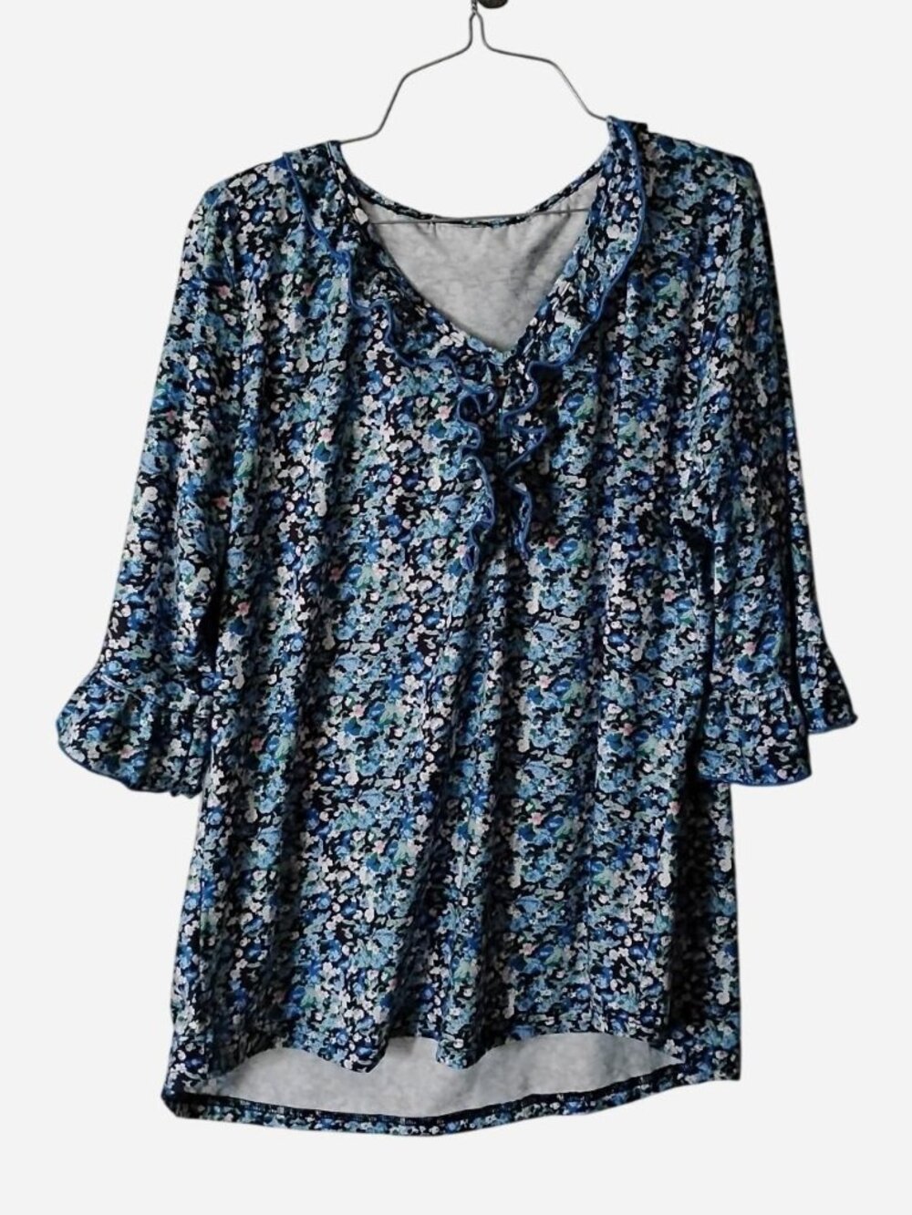 Blue Floral Ruffle Detail Blouse